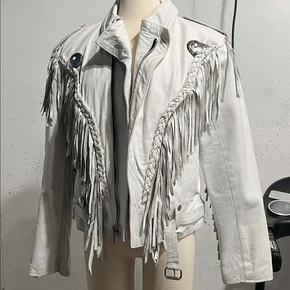 White Leather Fringe Jacket